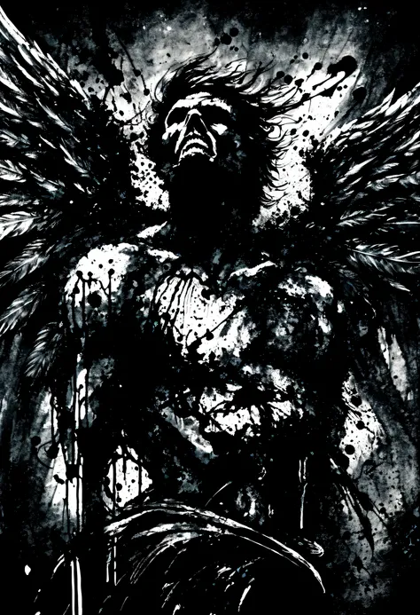 (((ink style art:1.3))), Theme of hell and the upper body of an angel, dark style, blackmail, dripping feather background, below angle, high quality, detailed, (((Enhanced ink atmosphere:1.3))),