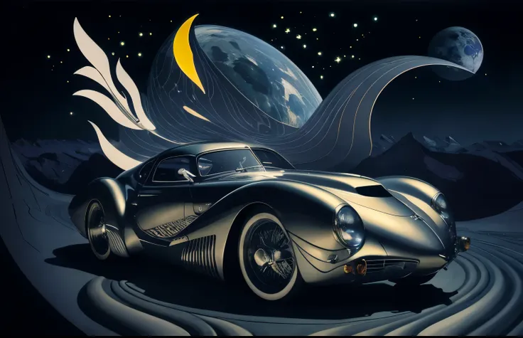 Futuristic hyper-car/supercar design based upon floral curves and futuristic spaceship design, 1940s car racing design, diamond cut wheels, stary night, bar lighting, conch shells swirls and black iridescent sheen, swirl, twirl, curl, the rule of thirds, g...