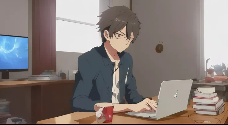 Anime image of a man sitting at a desk with a laptop and a dog, Lofiatostyle, Still from the TV anime, Today&#39;s featured anime is still, anime movie yet, Lofiato, anime movie screenshots, Japanese anime style, anime scener, High-budget animated films, S...