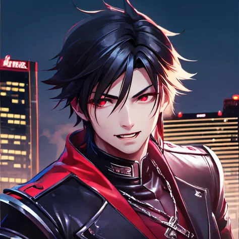 (( best quality)) handsome vampire, similing, with modern city background, night city, anime vampire, fangs