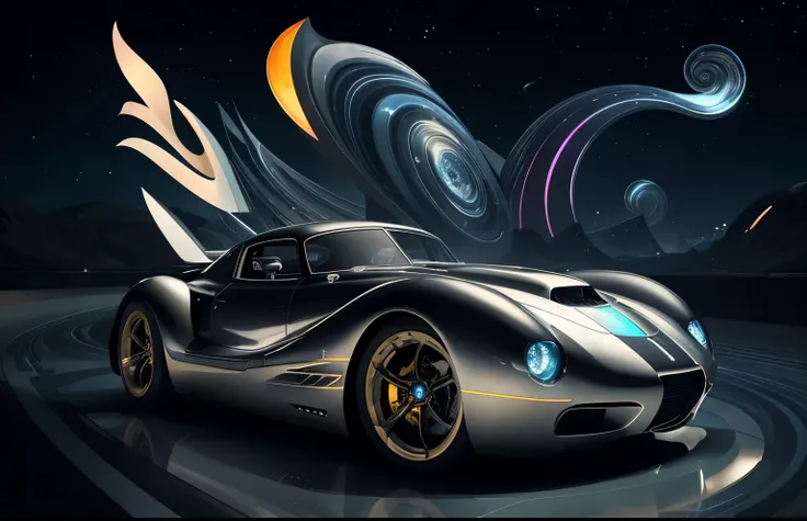 Futuristic hyper-car/supercar design based upon floral curves and futuristic spaceship design, 1940s car racing design, diamond cut wheels, stary night, bar lighting, conch shells swirls and black iridescent sheen, swirl, twirl, curl, the rule of thirds, g...