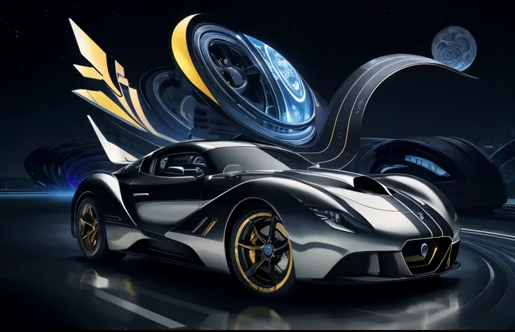 Futuristic hyper-car/supercar design based upon floral curves and futuristic spaceship design, 1940s car racing design, diamond cut wheels, stary night, bar lighting, conch shells swirls and inky black sheen, swirl, twirl, curl, the rule of thirds, golden ...