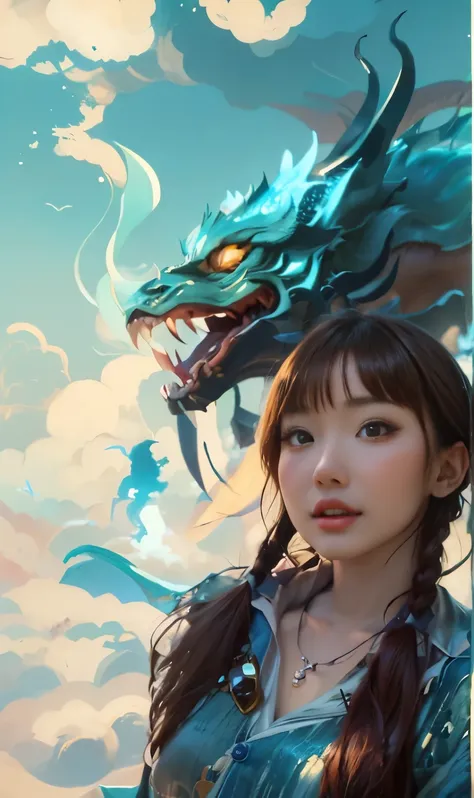 girl and dragon，(1 chinese shenlong)，(1girll，mature and beautiful，nice and delicate face)，fairy style，realistic and realistic，de...