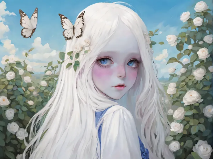 Albino butterfly girl standing, ((above waist)), (big eyes, Eyes are delicate and beautiful, Beautiful and delicate face, full body details), (Gorgeous long white hair:1.3) , Through the blue rose bushes and the blue sky beyond, purple dress, Braces, chewi...