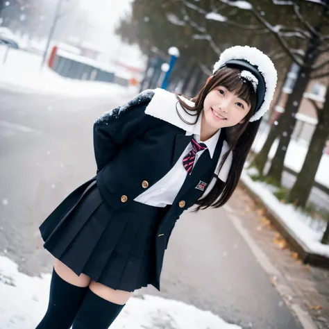 (masterpiece:1.2), super high quality, japanese girl, (super realistic), (super photographic style), 1girl, ((full body)),  straight hair, (18 years old), stylish body, (large tits), (cute face), (((school uniform))), (((thighs focus))), standing on a stre...