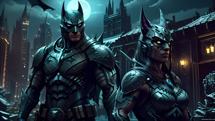 Batman from the dark knight stands imposing in a gothic lost city. Moonlight highlights your muscles and scars. The scenery is lush and mysterious, with futuristic tech and surroundings. The camera details everything, a warrior woman, in front of him. Batm...