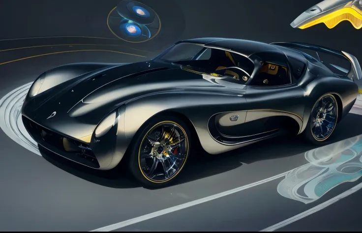 Futuristic hyper-car/supercar design based upon floral curves and futuristic spaceship design, 1940s car racing design, diamond cut wheels, stary night, bar lighting, conch shells swirls and black iridescent sheen, swirl, twirl, curl, the rule of thirds, g...