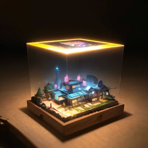 small realistic model, (bifurcation, original photo, best quality, masterpiece:1.4),Steampunk Cyberpunk 2916,(Cyberpunk light:1.3),on the table,horizon (related to land),(in a small nature box:1.3),Isometric, small nature, landscape on foundation,landscape...