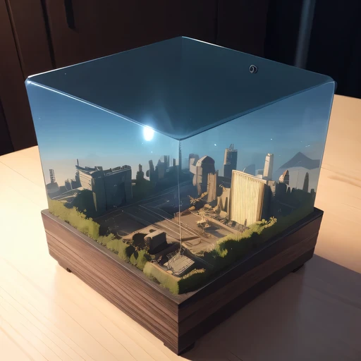 small realistic model, (bifurcation, original photo, best quality, masterpiece:1.4),Steampunk Cyberpunk 2916,(Cyberpunk light:1.3),on the table,horizon (related to land),(in a small nature box:1.3),Isometric, small nature, landscape on foundation,landscape...