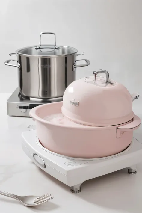 Create an image of a pink induction cooker on a white background. Ensure no pots are present in the picture. Focus solely on the induction cooker itself, emphasizing its sleek design. The background should remain white for a clean and minimalist appearance...