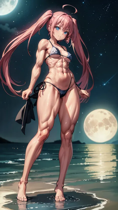 1 girl, (medium breasts))), (((wearing short bikini))), (long pink hair), (((blue eyes))), Thin arms, (on the beach at night with starry sky and full moon blood), (thin waist), (((muscular legs))), muscular belly, barefoot, (((showing me his big ass))), (f...