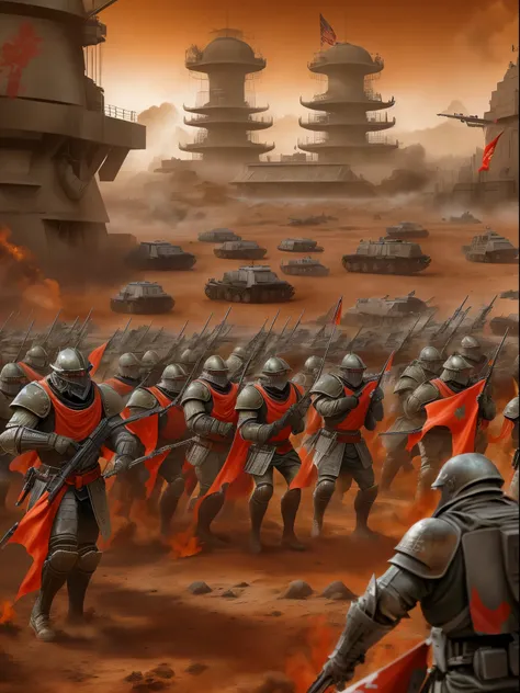 Future Battlefield, Alien Civilization War, Gunsmoke fills, A red flag was planted on a small mound, Soldiers in Chinese armor, full armour, The background is the army of the SA, The picture is stunning, Magnificent, Magnificent, in the style of futuristic...