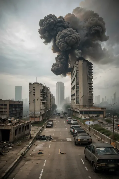 Cinematic post-apocalyptic city, crumbling concrete skyscrapers belching smoke, dilapidated and crowded buildings, Junto, imagem tirada a 200 metros de altura, a woman with a gas mask and torn clothes walking down one of the streets seen from above, grey s...