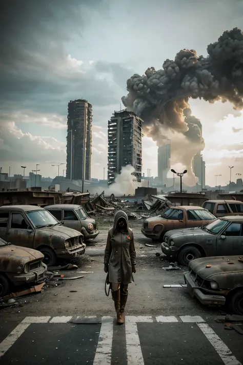 cinematic post-apocalyptic city, crumbling concrete skyscrapers belching smoke, dilapidated and crowded buildings, junto, imagem...