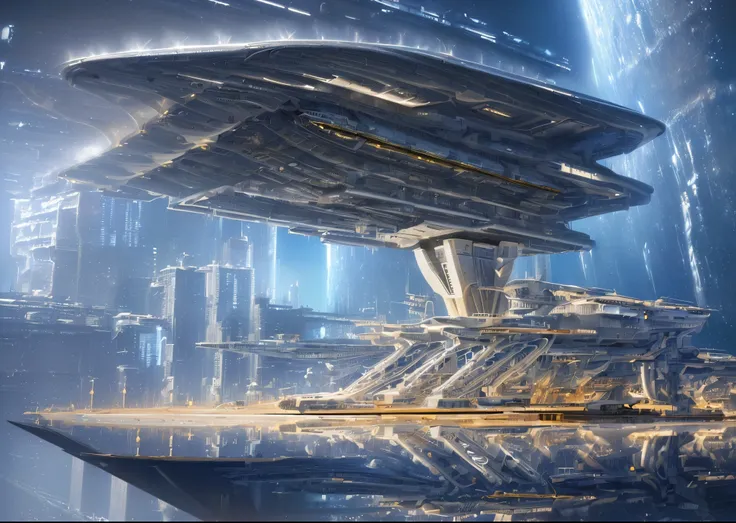 (Award Winning digital artwork:1.3), (masterpiece, Ultra-detailed, hyperrealistic:1.3), (highres,absurdres, mature adult), (Starship, spaceage engineering, highly detailed vehicle), (extremely detailed starship architecture:1.3), floating city