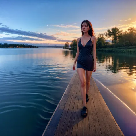 (best quality,4k,8k,highres,masterpiece:1.2),ultra-detailed,(realistic,photorealistic,photo-realistic:1.37),portrait,landscape,beautiful detailed eyes,beautiful detailed lips,extremely detailed eyes and face,longeyelashes,((1girl walking on a lake, twiligh...