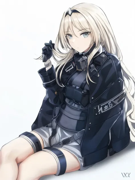 beautiful girl sitting on the ground with her legs crossed, girls frontline style, from girls frontline, fine details. girls frontline, girls frontline cg, girls frontline, kantai collection style, girls frontline universe, blonde beautiful girl with long ...