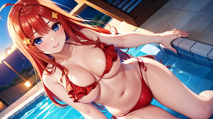 Satsuki Nakano, Itsuki Nakano, one girl, solo, long hair, bangs, blue eyes, hair between eyes, Ahoge, redhead, (symbol), hair ornaments, 星 hair ornaments, (Red ruffled bikini:1.3), heated pool background, noon, The best sunshine, break looking at viewer, c...