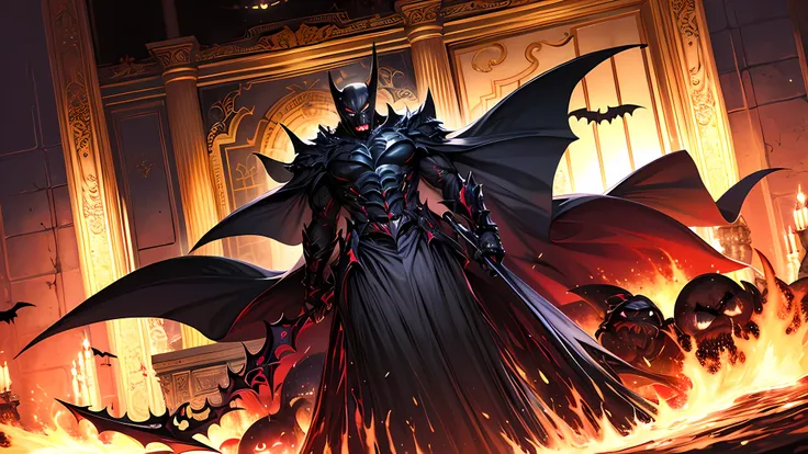 (absurdres, highres, ultra detailed),(Masterpiece, best quality:1.2),1 man,dark knight,raid boss, surrounded by darkness, holding a venom longsword, dungeon,dark,fire, bats flying. Batman was being controlled by dark Power and start attacking his teammates...