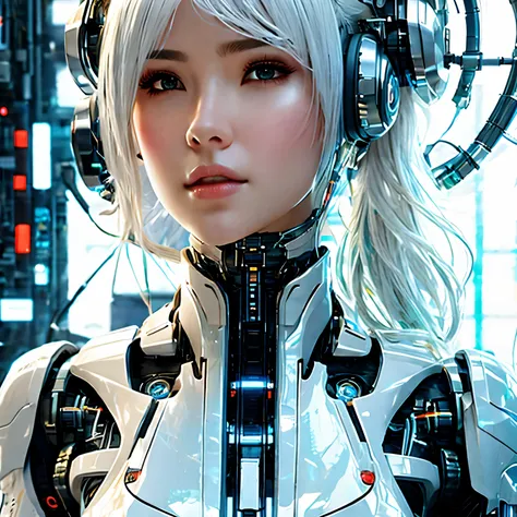 a close up of a woman with headphones on and a futuristic suit, cyberpunk art inspired by Marek Okon, cgsociety contest winner, digital art, beutiful white girl cyborg, beutiful girl cyborg, cyborg - girl with silver hair, perfect android girl, cute cyborg...
