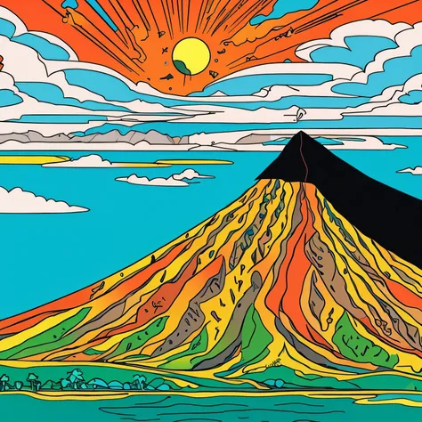 line art, illustration, a tropical island view, Salvador Dali style, A big sun on the sky, great volcano nearby,