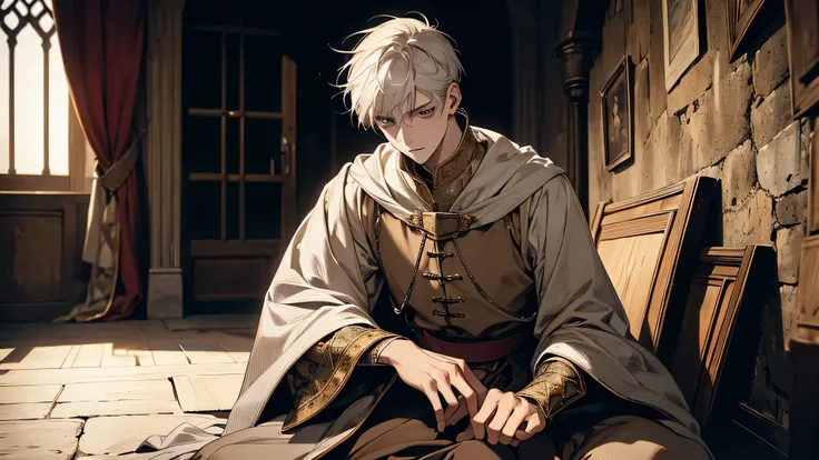 Ultra-realistic 8K image of a slim 25-year-old man, short white hair, dressed in medieval costume, dazed expression, sitting on the floor of a plain room, weathered walls, dimly lit, A high resolution， Sharp focus， Pixiv masterpiece， （（Complicated details）...