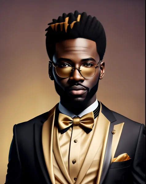 portrait shot of elegant  african man in silk black versacci business suit with vertical golden lines and a golden bowtie inside of super modern black   manhattan detailed office,