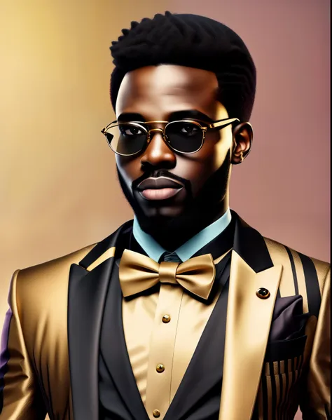 portrait shot of elegant  african man in silk black versacci business suit with vertical golden lines and a golden bowtie inside of super modern black   manhattan detailed office,