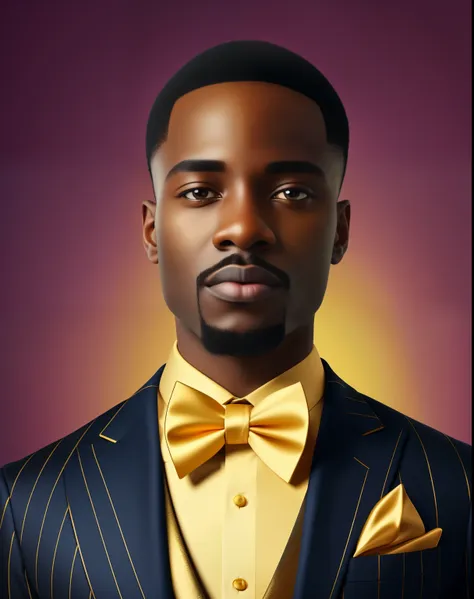 portrait shot of elegant african  man in silk black versacci business suit with vertical golden lines and a golden bowtie , manh...