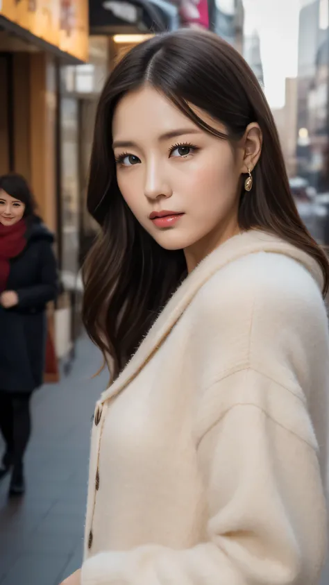 （1 person），Hostess face、tired look、30 years old、Married woman、Fashionable winter clothes、skirt、High quality、Super realistic、Married womanの体型、日本人のMarried woman、 perfect eyes、Shining beautiful skin、Shopping district