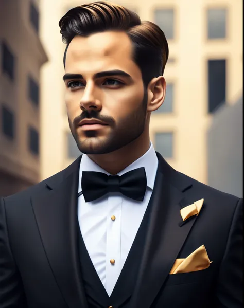 portrait shot of elegant   businessman in silk black versacci business suit with vertical golden lines and a golden bowtie insid...