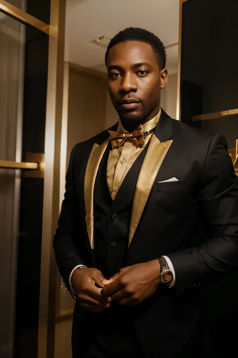 portrait shot of elegant  strong african businessman man in silk black versacci business suit with black shirt and golden bowtie vertical golden lines and a golden bowtie inside of super modern  luxury   manhattan detailed office, golden bow tie