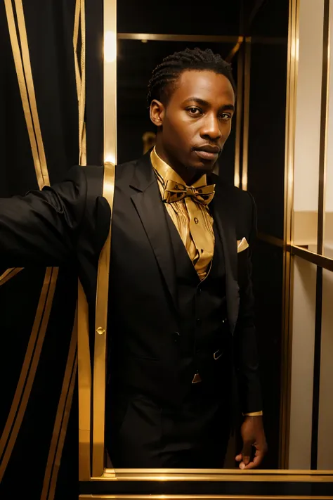 portrait shot of elegant  strong african businessman man in silk black versacci business suit with black shirt and golden bowtie vertical golden lines and a golden bowtie inside of super modern  luxury   manhattan detailed office, golden bow tie