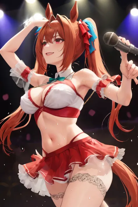 sexy dance show,sexy pose,Daiwa Scarlet,Umamusume,brown long hair, twintails,good anatomy, masterpiece, best quality,realistic, hyperrealistic, 16k hdr,Smile,(Live Stage),see through costume,Stage costumes,Horse tail,sing a song,ultra miniskirt,navel,micro...