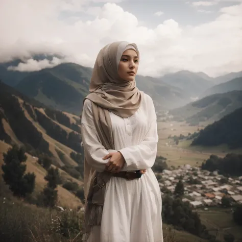 cinematic potret studio, masterpiece, best quality, a woman on a hill wearing a hijab and all white clothes