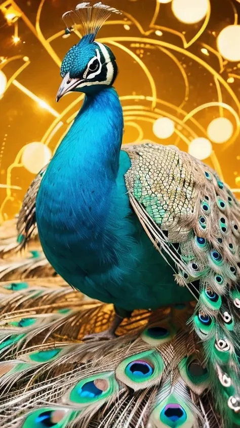 masterpiece, highest quality, 8K, 4K, golden peacock, a peacock, ((golden peacock)), shining background, spread your wings, ((center of photo)), ((center)), front, bright background, See here, blue sky, 森の中のbright background, frontal face, middle of photo