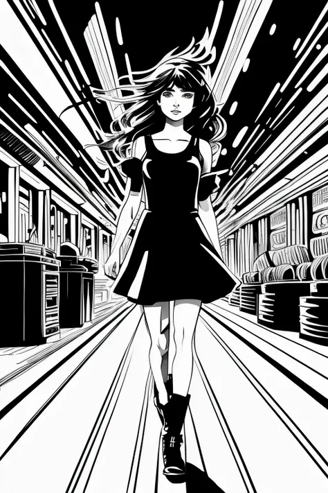 best quality, ink style drawing, vibrant depiction of human movement, cute girl, speed line, monochrome, professional lighting