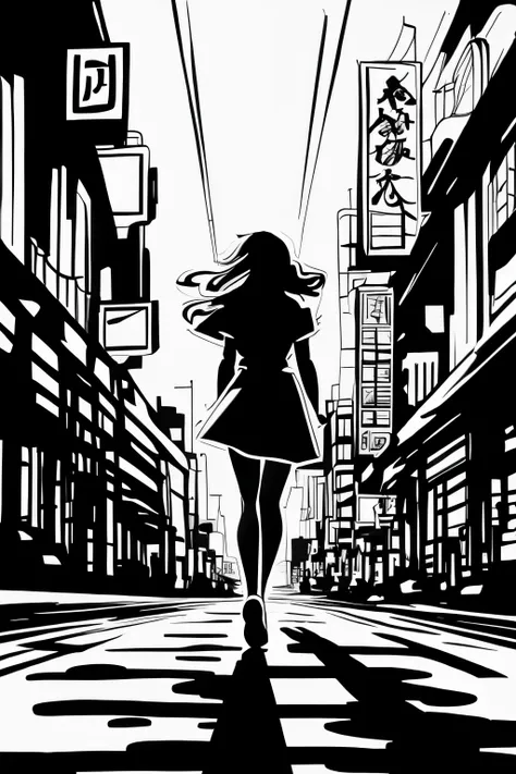 best quality, ink style drawing, vibrant depiction of human movement, cute girl, speed line, monochrome, professional lighting