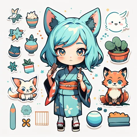 1 sticker, handbook, (Kitsune Girl, model, festive kimono, Cool & Cool), White background, simple background, minimal, Cute, tiny, pastel color, vector style, No gradient,