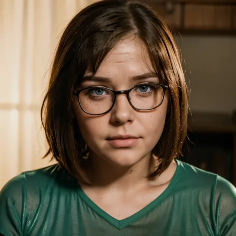 Photo realistic picture of Velma Dinkley face from Scooby Doo wearing glasses short bobbed perfectly straight hair obscuring most of her forehead extremely obese face covered in freckles soft moist oily sweaty skin texture pores are very deep and visible 