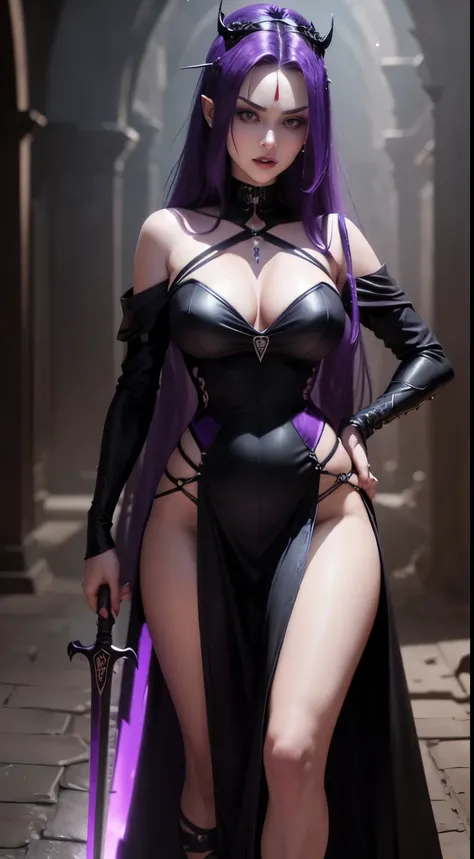 woman in her 18s, evil vampire face, long black and purple hair, wearing a black dress with a slit and a tiara on her forehead, with a sword on her back, ultra realistic 4k, full body war background