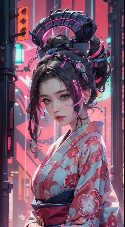 masterpiece, highest quality, wearing Japanese kimono,The pink color stands out,Bold colors and patterns, night,the sky is dark,eye-catching accessories, Trendy and innovative hairstyles, bright makeup, Cyberpunk dazzling cityscape, skyscraper, neon sign, ...