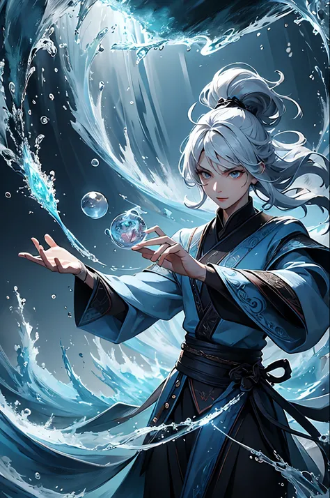 （杰作，best qualitiy：1.4），（absurdress，alta resolução，ultra detaile：1.2），（1 handsome man with white hair：1.4），（Use black magic：1.4），Water magic，Playful illustration of the magician，Imaginative overlays，artistic fusion，Fantastic scenes，evocative narratives，stri...