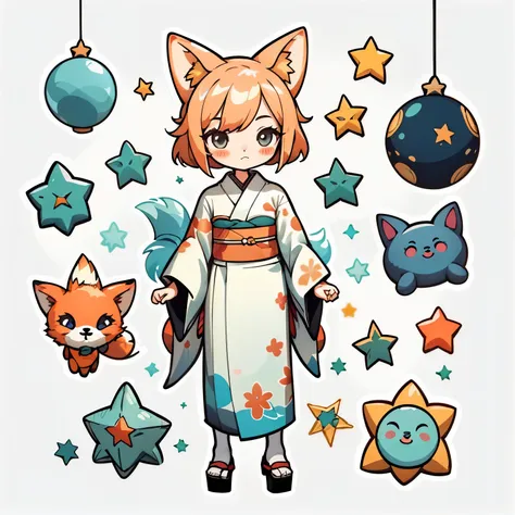 1 sticker, handbook, (kitsune girl, model, festive star kimono, cool & cool), white background, simple background, minimal, cute...