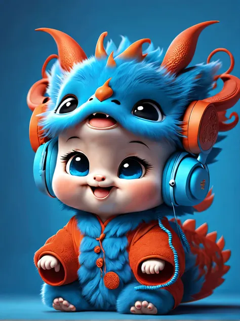 3d rendering, realistic fur, red wallpaper, Simple modern style, beautiful wallpaper, magazine design style, portrait, half body portrait,
(A cute anthropomorphic zodiac dragon baby smiling mischievously wearing big blue headphones), The baby with the zodi...