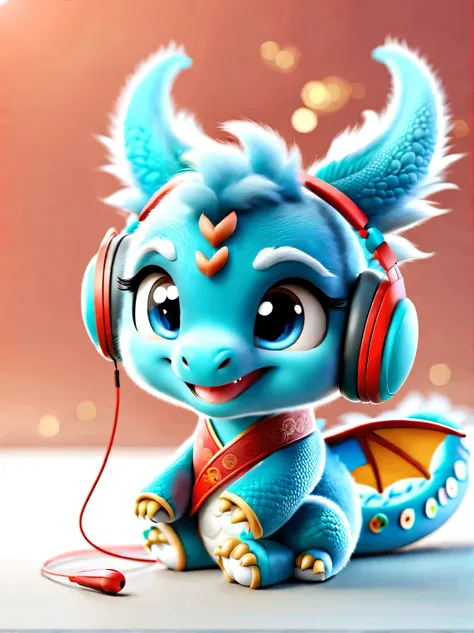 3d rendering, realistic fur, red wallpaper, Simple modern style, beautiful wallpaper, magazine design style, portrait, half body portrait,
Cute zodiac dragons, Personified as a cute little dragon, Smiling mischievously while wearing big blue headphones. it...