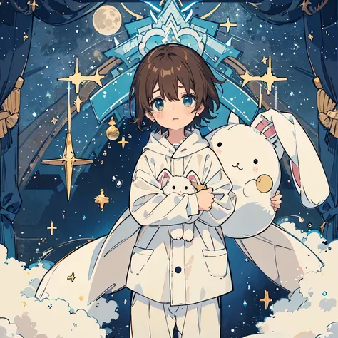 A brown-haired boy wearing white pajamas is looking at the starry sky while holding a stuffed rabbit. Starry sky, tears, big moon, anime,