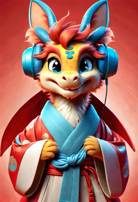 3d rendering, realistic fur, red wallpaper, Simple modern style, beautiful wallpaper, magazine design style, portrait, half body portrait,
Cute zodiac dragons, Personified as a cute little dragon, Smiling mischievously while wearing big blue headphones. it...