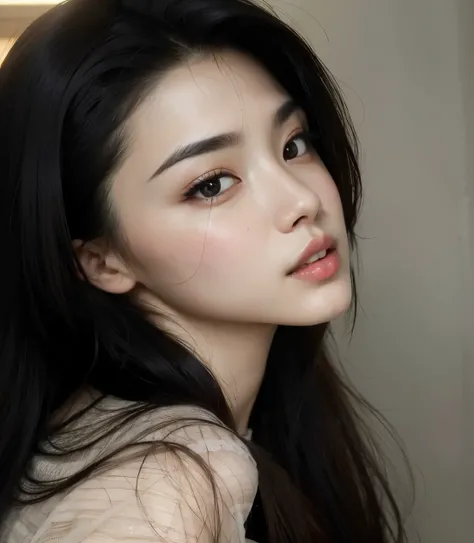 mulher arafed com longos cabelos pretos e uma camisa branca, beautiful aesthetic face, Korean facial features, linda mulher sul-coreana, Southeast Asian with round face,  coreana, young lovely korean face, linda jovem coreana, Asian beautiful face, lindo r...