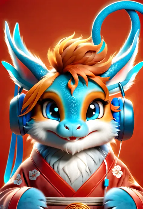 3d rendering, realistic fur, (red wallpaper), Simple modern style, beautiful wallpaper, magazine design style, portrait, half body portrait,
(A cute zodiac dragon，with an anthropomorphic avatar，Wearing big blue headphones，Smiling mischievously.) It tilted ...